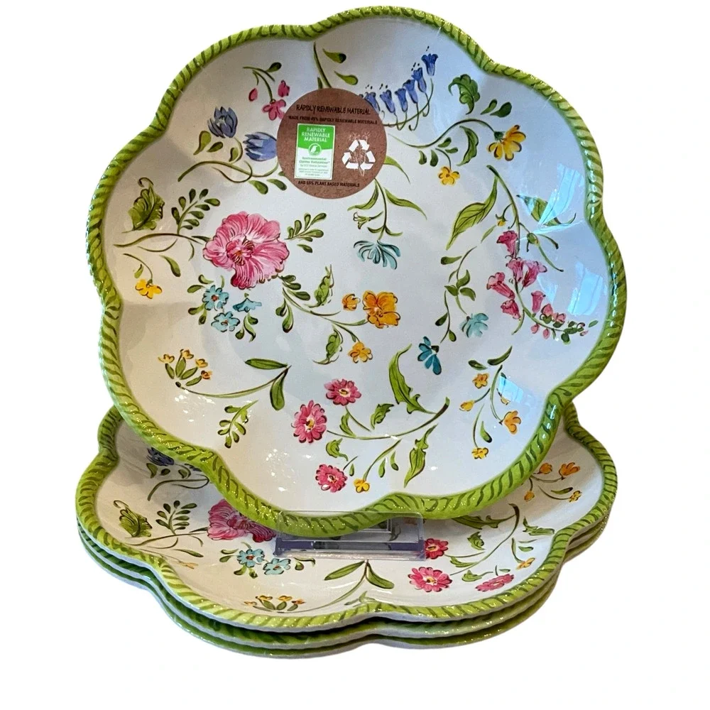 NEW Shabby Chic Floral Melamine Salad Plates 9in Set of 4 Scalloped Green Border